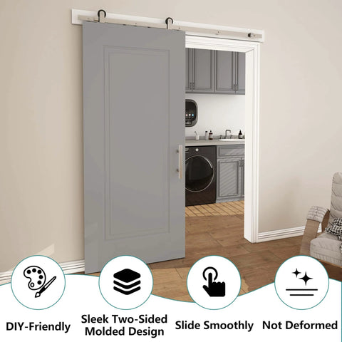 36x84 Sliding Barn Door Kit, 1 Panel White Primed Interior Closet Door with Satin Nickel 6ft Hardware installed in home.