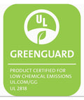 Green UL GREENGUARD certification label for low chemical emissions, UL 2818, displaying environmental standard compliance.