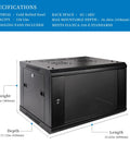 Specifications of 6U Wall Mount Server Cabinet Enclosure With Quiet Cooling Fans 2x, Brush Cable Management Panel, Adjustable Rails, Black Finish
