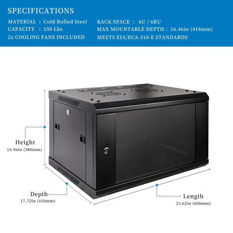 Specifications of 6U Wall Mount Server Cabinet Enclosure With Quiet Cooling Fans 2x, Brush Cable Management Panel, Adjustable Rails, Black Finish