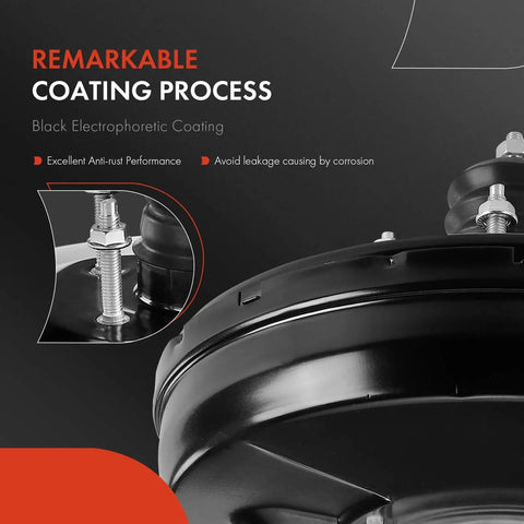Heavy Duty Vacuum Brake Booster Built Tough For Smooth Street Stopping Power Fits Acura Tsx Honda Accord Crosstour Crv Pilot showing black electrophoretic coated finish.