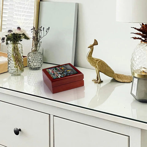 Premium Maple Wood Jewelry Box Featuring A Straight Up Killer Dhaka Rickshaw Street Scene On A Shiny Ceramic Tile Plus Extra Soft Velvet Lining For Your Big Time Treasures on a modern tabletop