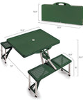 Foldable Picnic Table With Built-In Benches For Four, Outdoor Camping Table With Umbrella Hole, Hunter Green, shown folded and open with dimensions.