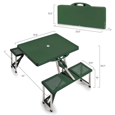 Foldable Picnic Table With Built-In Benches For Four, Outdoor Camping Table With Umbrella Hole, Hunter Green, shown folded and open with dimensions.