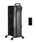 Heavy Duty Oil Filled Space Heater With Remote And Adjustable Thermostat 1500W Three Heat Settings solid build in black with remote visible.