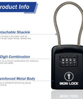 Rugged Outdoor Key Lock Box With Cable Shackle, Small Waterproof Metal Safe, 4 Digit Combo For Spare Keys Left Outside On Door Knob