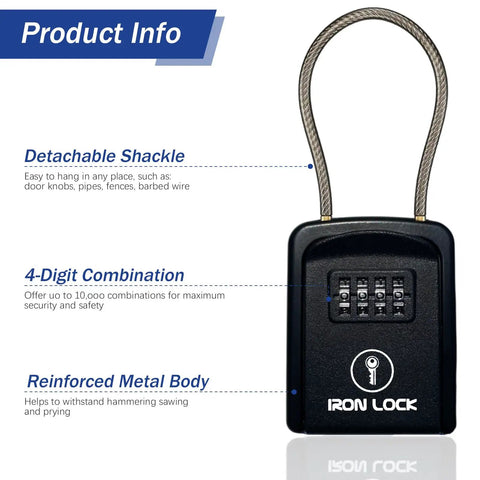 Rugged Outdoor Key Lock Box With Cable Shackle, Small Waterproof Metal Safe, 4 Digit Combo For Spare Keys Left Outside On Door Knob