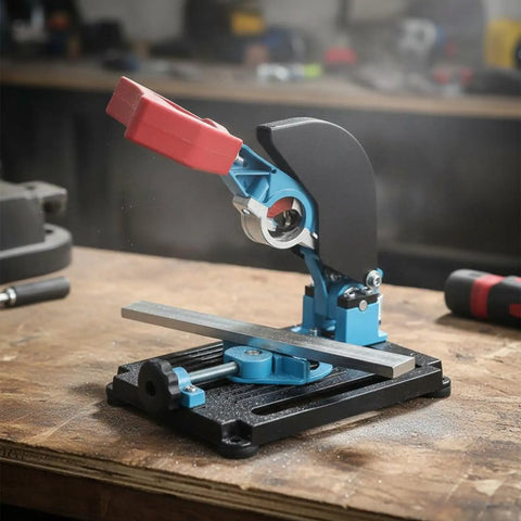Angle Grind Stand With Guard For Precise 45 Degree Cuts on wooden table in workshop with clamp and guard visible, quick setup design