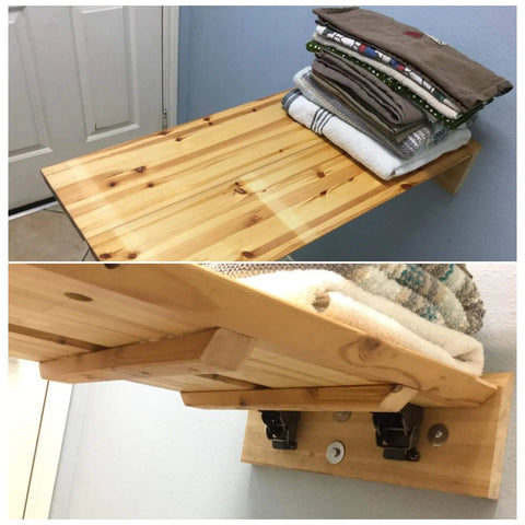 Heavy Duty Stainless Steel Folding Table Leg Brackets With Self Locking Hinges Built Different For Heavy Lifters Zero Drama Assembly Nifty Foldable Support Kit Kick Butt Strength For Workbenches holding neatly stacked towels.