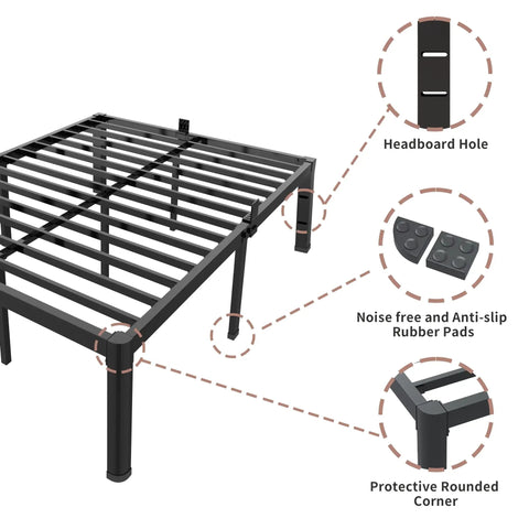 Heavy Duty King Bed Frame Built Like A Tank With 3500 Pound Capacity showing noise-free rubber pads and protective rounded corners.
