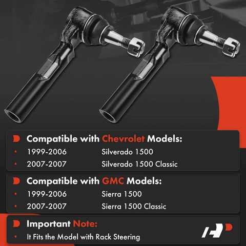 Front Outer Tie Rod End For Chevy Silverado 1999-2006 And GMC Sierra 1999-2006 Classic 2007 Fits Power Rack Steering Front Outer Left And Right, Driver And Passenger Sides, Improves Steering Control And Prevents Uneven Tire Wear. black steel tie rod ends shown with fitment details