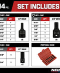 Allen Bit Socket Set, 14 Piece SAE Heavy Duty Impact Grade Cr-Mo Sockets, From 3/32 To 3/4 Inch, 1/4, 3/8, And 1/2 Inch Drive