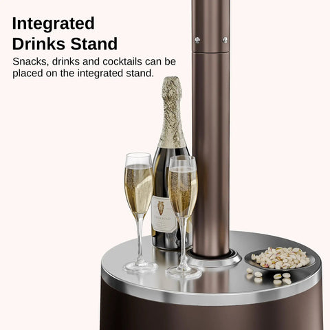 Massive 50,000 BTU Patio Heater With Table Design, showcasing round lid with drinks and snacks