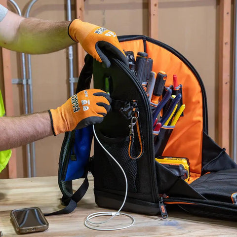 Tool Backpack Station Pro Heavy Duty Organizer With 27 Pockets, Electrician Tool Bag open with tools visible