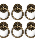 Antique Bronze Ring Pulls Set Of 6 With Flower Deco Knobs For Drawers Cabinets Closets And Cupboards Vintage Style Hardware