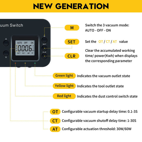 Black automatic vacuum switch for power tools with LCD display and M/SET/CLR buttons.
