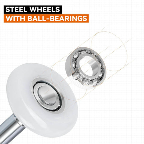 Ultra Quiet 1.8 Inch Nylon Garage Door Rollers With 4 Inch Carbon Steel Stem For Smooth Operation And Low Friction Durable Replacement Kit For Residential Doors 8 Pack close-up view showing nylon wheel and steel ball bearings.