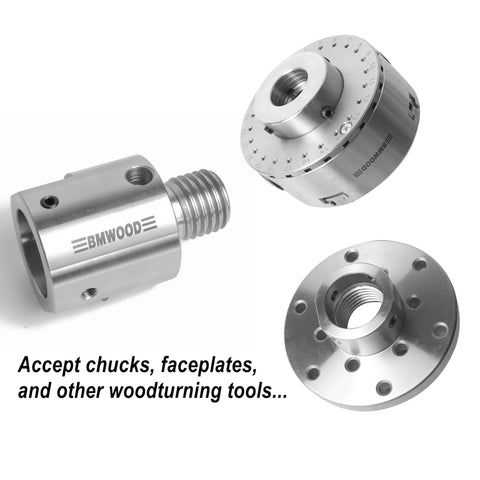 Hella Sturdy Wood Turning Lathe Adapter Converts 1 1/4 Inch Female To 1 Inch Male Thread With Smooth Headstock Spindle Reducer And Slick Nylon Washer Kit For Total No Hassle Woodworking Upgrades showing stainless steel design for chucks and faceplates.