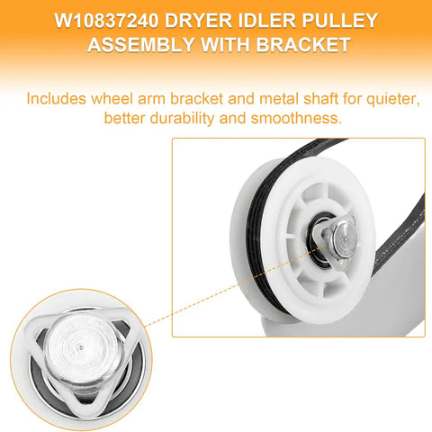 Easy No Fuss Dryer Repair Kit 4392067 with W10837240 idler pulley close-up, showing bracket and metal shaft for dryers