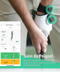Close-up of a golfer's wrist with SwingMotion Golf Swing Trainer and Analyzer with Dual Wearable IMU Sensors in use, showing app feedback.