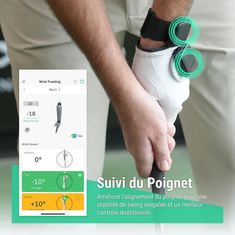 Close-up of a golfer's wrist with SwingMotion Golf Swing Trainer and Analyzer with Dual Wearable IMU Sensors in use, showing app feedback.