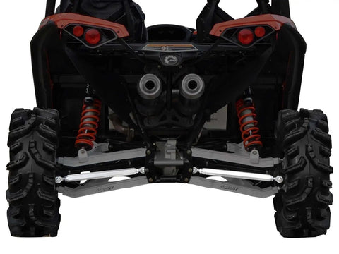 Rear view of Can Am Maverick with Heavy Duty Aluminum Rear Radius Arms For Can Am Maverick DPS X MR X RS Max 2013 And Up Hex Design For Strength To Weight Ratio Polished Finish Easy Fitment Upgrade For Rugged Off Road Adventures installed