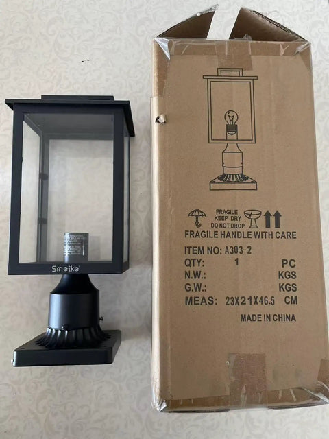 Dope Matte Black Outdoor Post Light Fixture With Pier Mount Base shown with packaging, LED post lantern, easy install.