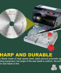 HSS Saw Blade 2 Inch Mini Circular Blade With 0.5mm Kerf And 100 Teeth For Precise Miter Cuts And Off Saw Work, Heavy Duty High Speed Cutter For Miter Box And Cut Off Saws, Five Pack displayed with a cutting tool on a green background.