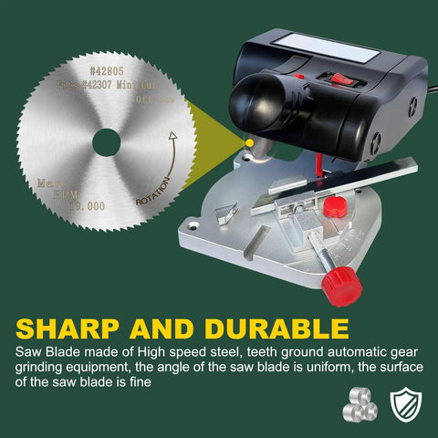 HSS Saw Blade 2 Inch Mini Circular Blade With 0.5mm Kerf And 100 Teeth For Precise Miter Cuts And Off Saw Work, Heavy Duty High Speed Cutter For Miter Box And Cut Off Saws, Five Pack displayed with a cutting tool on a green background.