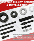 12 Piece Pulley Puller And Installer Kit For Power Steering Pulleys Alternators AC Pulleys Water Pumps And Vacuum Pumps With Pro Grade Carbon Steel Construction And Handy Storage Case For Your Auto Shop displayed with labeled parts on red and white background