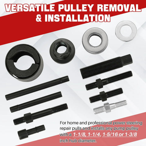 12 Piece Pulley Puller And Installer Kit For Power Steering Pulleys Alternators AC Pulleys Water Pumps And Vacuum Pumps With Pro Grade Carbon Steel Construction And Handy Storage Case For Your Auto Shop displayed with labeled parts on red and white background