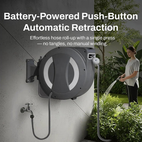 Battery Powered Wall Mounted Retractable Hose Reel With Automatic Retraction, Dual Hose Length Control, outdoor installation