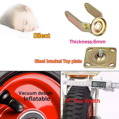 Rugged Heavy Duty Industrial Caster Wheels detail with side brakes, metal bracket, and elastic rubber tread, 8" tire width.