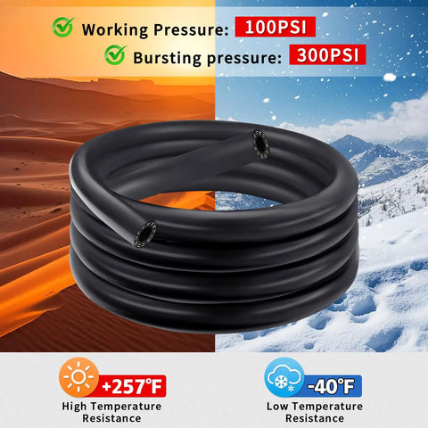 Five Eighth Inch Heater Hose, 10 Feet Long EPDM Double Spiral Radiator Coolant Line shown coiled in front of desert and snow landscapes