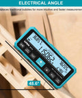 Dual Laser Distance Meter With Bidirectional Laser Emission And Vertical Laser Line Electronic Level Measures In Meters Feet And Inches 393 Feet Range Finder angled on wood frame