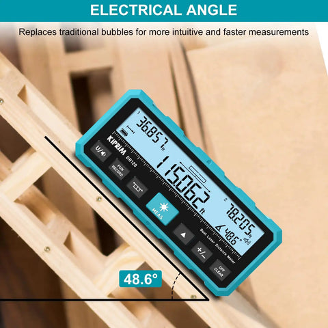 Dual Laser Distance Meter With Bidirectional Laser Emission And Vertical Laser Line Electronic Level Measures In Meters Feet And Inches 393 Feet Range Finder angled on wood frame