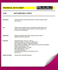 Technical data sheet for anti-seize moly spray detailing usage, applications, and properties