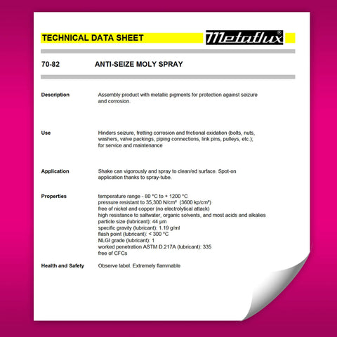 Technical data sheet for anti-seize moly spray detailing usage, applications, and properties