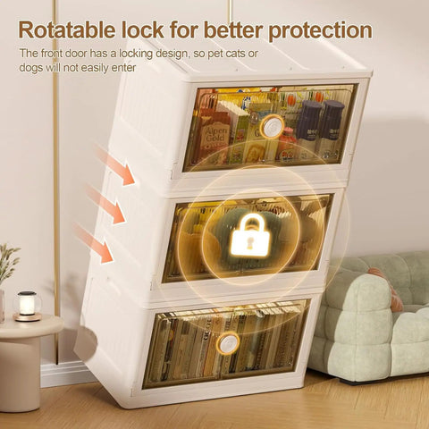 Rolling Collapsible Storage Bins with Lids and Wheels, 3 Pack Stackable Plastic Folding Boxes showcasing secure lockable doors.