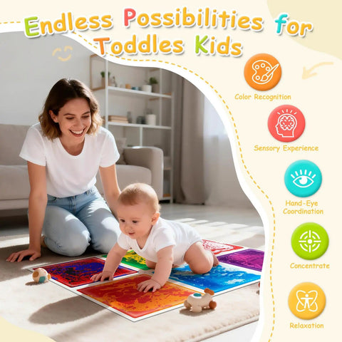 Mother and toddler playing on Liquid Motion Floor Tiles Set 11.8 Inch Square Colorful Cosmic Colors That Move With Every Step