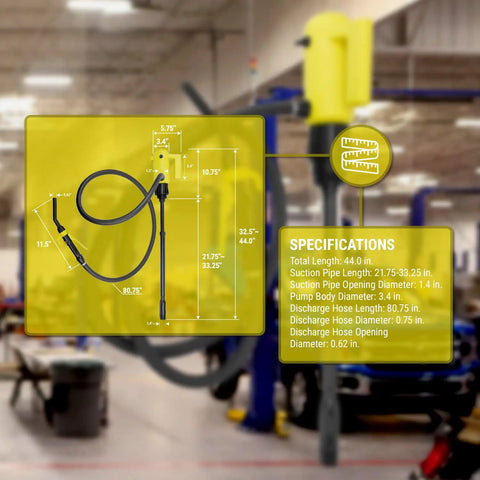 Trouble Free Trucker Tested 12 Volt Electric Fuel Drum Pump specifications showcasing lengths and diameters for optimal use.