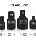 Four black socket adapters from the 15 Inch Impact Extension And Socket Adapter Set For Auto And Shop 1/4 3/8 And 1/2 Inch Drive 6 Piece Chrome Vanadium