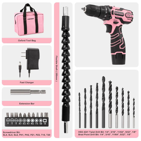 Dope Pink Cordless Drill Set For Gals Featuring Hella Lightweight Design And Butter Smooth Dual Speed Trigger With Easy Grab Handle For Nifty Home Diy Repair Jobs And Quick Fix Ups with accessories in pink tool bag.