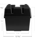 Built Like A Tank Heavy Duty Corrosion Resistant Polymer Battery Box dimensions showing 13 15/16 x 11 1/8 x 12 15/16 inches.
