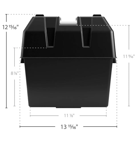 Built Like A Tank Heavy Duty Corrosion Resistant Polymer Battery Box dimensions showing 13 15/16 x 11 1/8 x 12 15/16 inches.