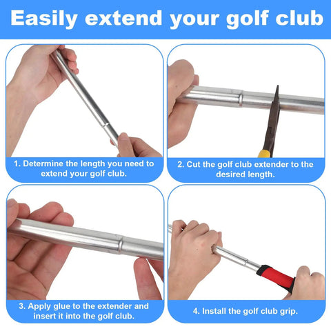Two Pack Golf Club Extensions Steel Shaft Putter Length Adjustment Tool For Golfers shown in installation steps