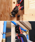 Pex Clamp Tool for Cinching and Removing Three Eighths Inch, One Hand operation on blue pipe installation