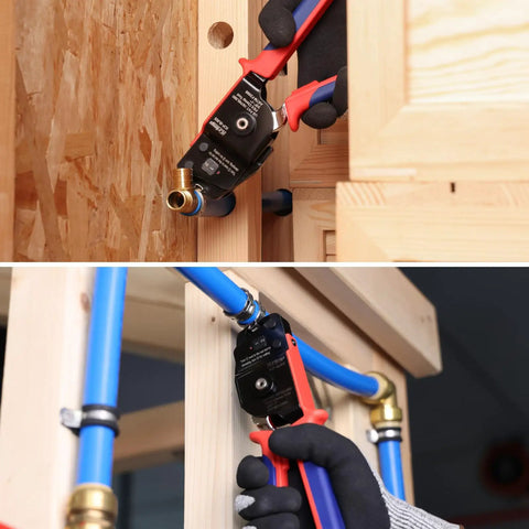 Pex Clamp Tool for Cinching and Removing Three Eighths Inch, One Hand operation on blue pipe installation