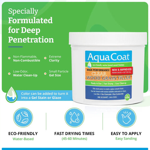 Top Shelf Water Based Clear Wood Grain Filler Gel in a 32-ounce container, designed for smooth finish on oak and walnut.