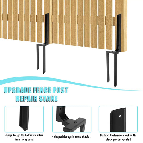 Two Pack Heavy Duty Fence Post Repair Kit With Black Powder Coated Post Anchors for Tilted or Broken Wood Fence Posts Universal Fit Sturdy Carbon Steel Construction Easy Install Long Lasting Fence Fix shown installed on wooden fence.